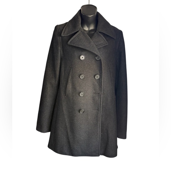 J. Crew Classic Double Breast Pea Coat Black Wool Blend Pockets Collared Size S